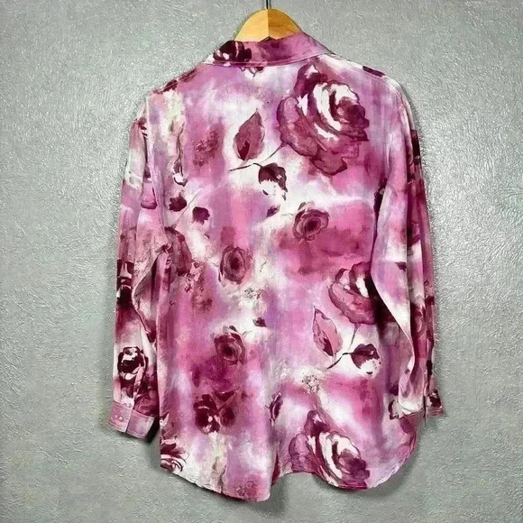 VINTAGE 90s 100% Pure Silk Pink Floral Button Up Blouse White Stitch Women Smal - Picture 10 of 11